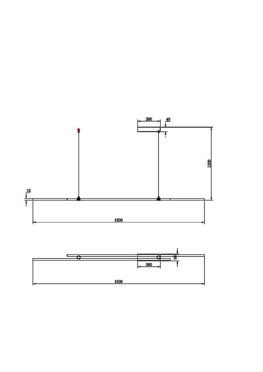 Halo LED lampa wisząca 2-punktowa w kolorze mosiądzu, o wymiarach 1500 mm długości i 200 mm szerokości. Zawieszona na dwóch cienkich linkach, z minimalistycznym designem. Widoczne dwa źródła światła na końcach.