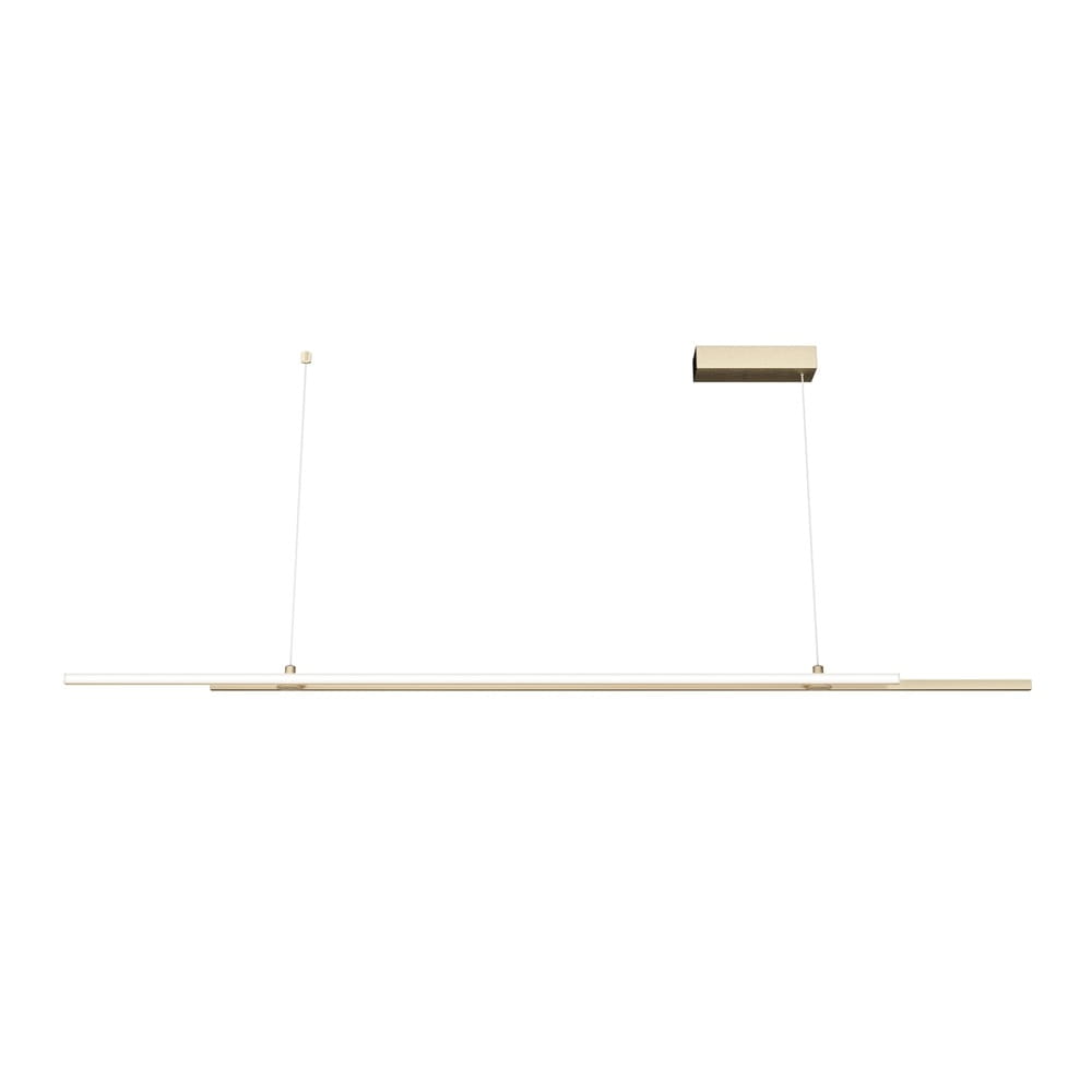 Lampa wisząca Halo LED 2-punktowa w kolorze mosiądzu, z prostokątnym, minimalistycznym kloszem i metalowym mocowaniem. Ujęcie frontalne, zawieszona na dwóch cienkich linkach. Idealna do nowoczesnych wnętrz.