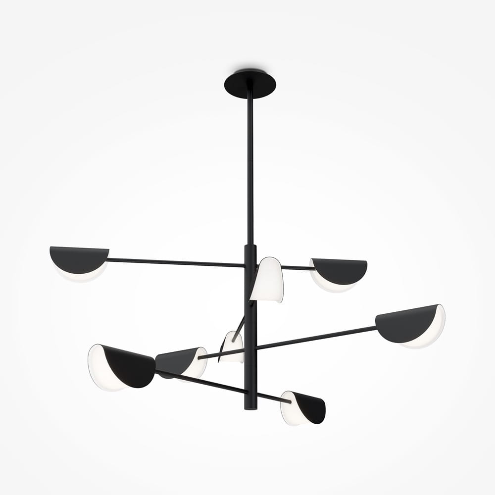 Mollis lampa wisząca 8-punktowa w kolorze czarnym, z metalowymi ramionami i białymi kloszami w kształcie półkul. Zawieszona na długim przewodzie, z centralnym mocowaniem sufitowym, tworzy nowoczesny akcent oświetleniowy.