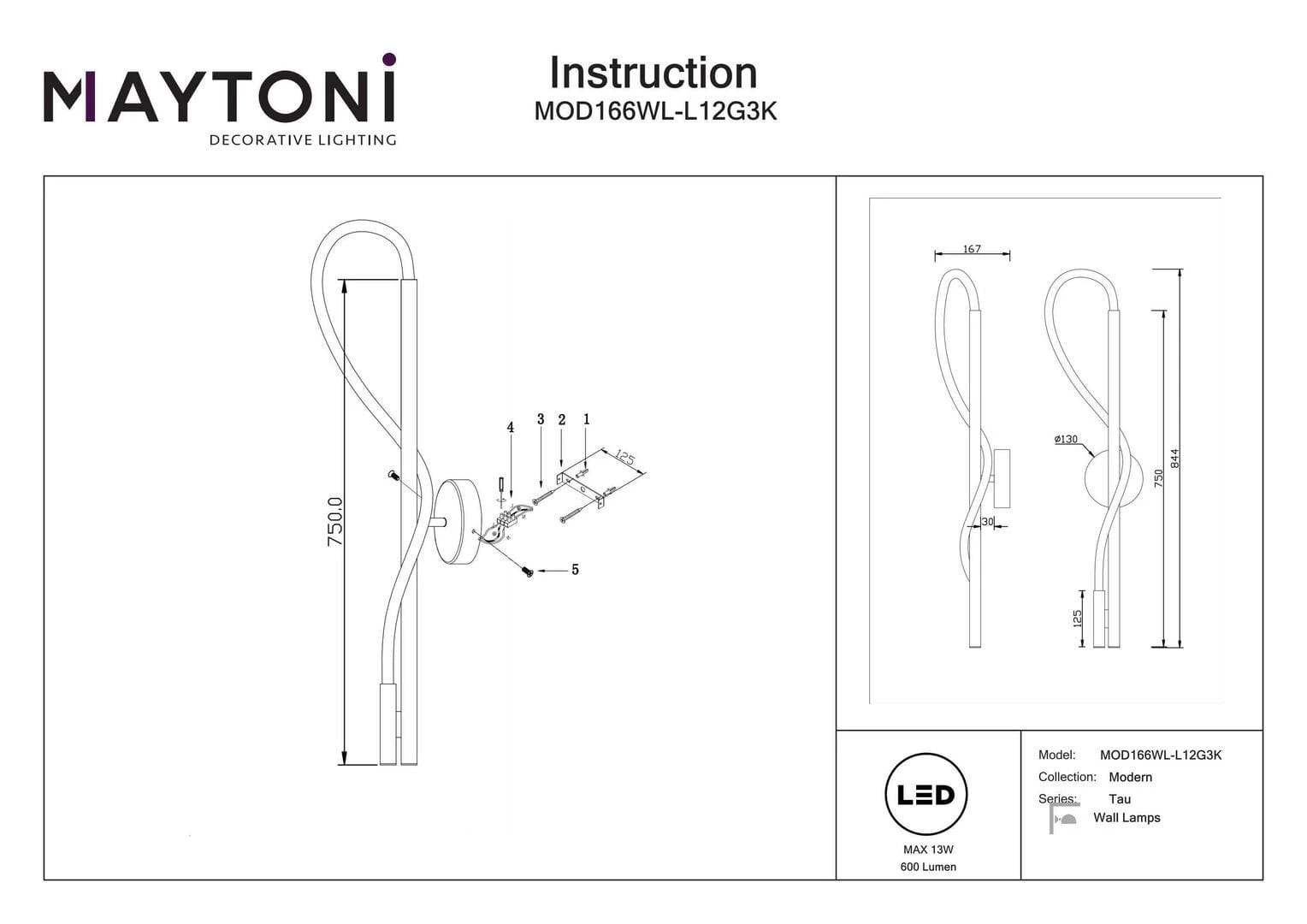 Kinkiet LED Tau w kolorze złotym, o nowoczesnym kształcie, montowany na ścianie. Wymiary: wysokość 750 mm, średnica podstawy 130 mm. Zawiera elastyczne elementy, które tworzą unikalny wzór. Przeznaczony do oświetlenia wnętrz.