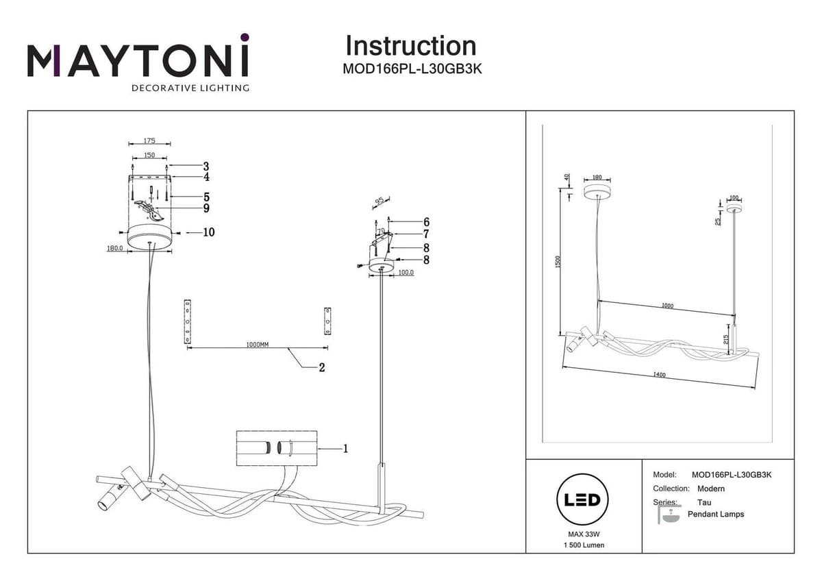 Czarna lampa wisząca Tau LED 3-punktowa z złotymi akcentami, o nowoczesnym designie. Produkt zawieszony na długich przewodach, widoczny z boku, z okrągłymi kloszami. Wymiary i detale montażowe podane na schemacie.