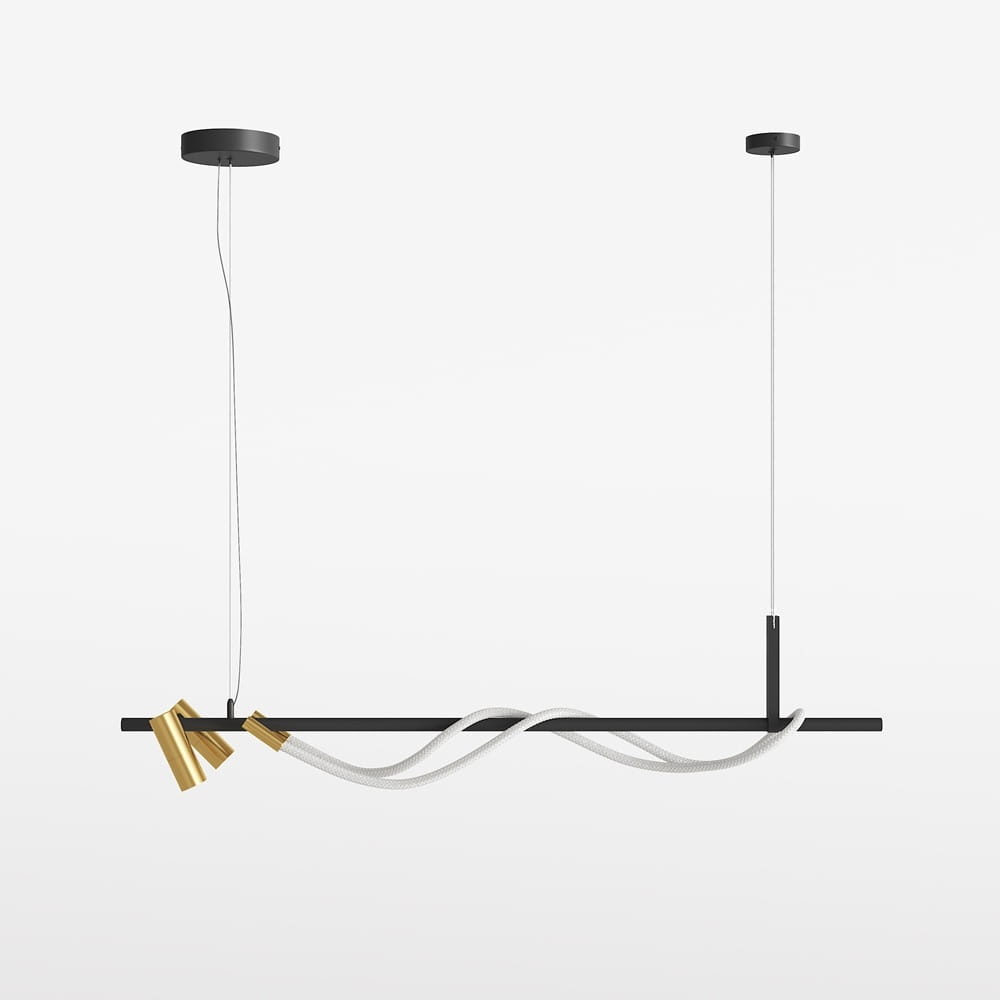 Lampa wisząca Tau LED 3-punktowa w kolorze czarnym i złotym, z prostokątnym, czarnym stelażem oraz złotymi elementami, zawieszona na białych linkach. Kąt ujęcia frontalny, na jasnym tle.