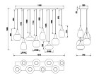 Lampa wisząca Lumina 8-punktowa w kolorze czarnym i chromowanym. Posiada różne kształty kloszy, zawieszonych na cienkich linkach. Wymiary: długość 1150 mm, wysokość 1500 mm, średnice kloszy od 140 mm do 195 mm.