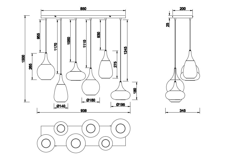 Lampa wisząca Lumina 6-punktowa w kolorze czarnym i chromowym, z sześcioma kloszami o różnych kształtach. Wymiary: długość 850 mm, wysokość 1500 mm. Klasyczny design, idealna do nowoczesnych wnętrz.