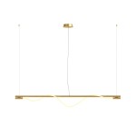 Złota lampa wisząca Tau LED 1-punktowa, o prostokątnym kształcie, z cienkim, falistym źródłem światła, zawieszona na cienkich linkach. Montaż sufitowy z okrągłą podstawą. Na białym tle, eksponująca nowoczesny design.