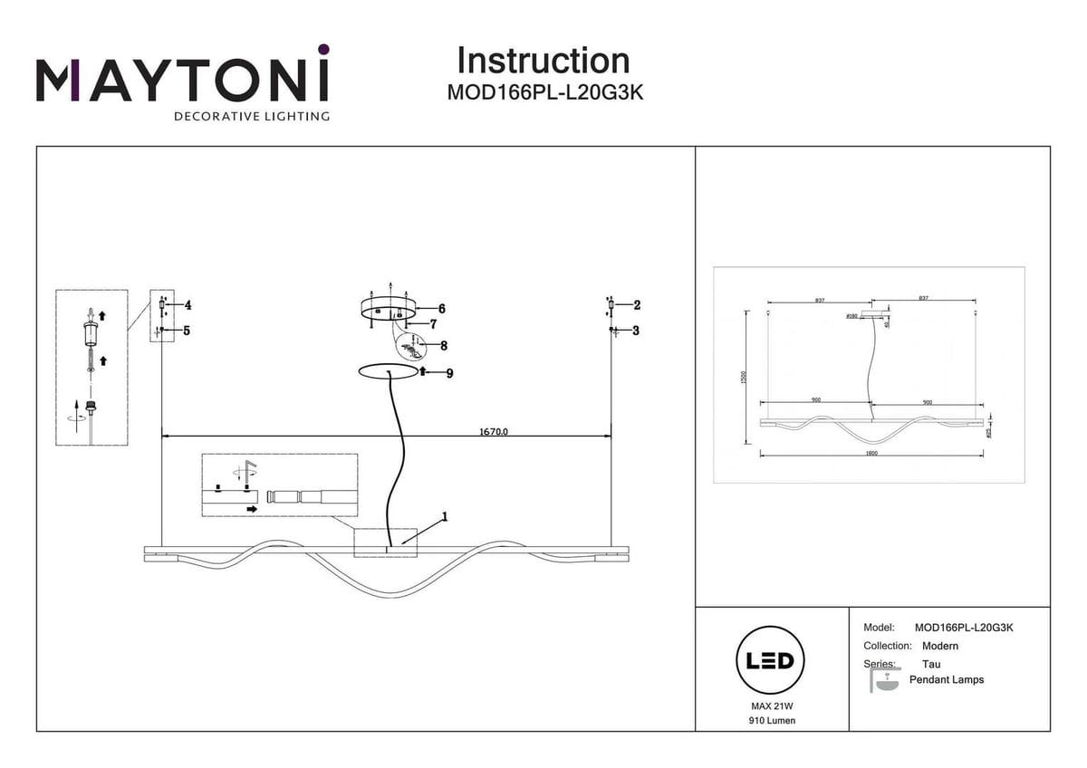 Złota lampa wisząca Tau LED MOD166PL-L20G3K, z płaskim okrągłym kloszem, zawieszona na cienkim przewodzie. Prosta konstrukcja, idealna do nowoczesnych wnętrz, z maksymalną mocą 21W oraz 910 lumenami. Wymiary: 167 cm długości.