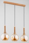Lampa wisząca Balerina 3-punktowa w kolorze złotym i drewnianym. Składa się z trzech szklanych kloszy w kształcie kul, zawieszonych na czarnych kablach, z drewnianymi uchwytami na górze. Ujęcie frontalne na jednolitym tle.