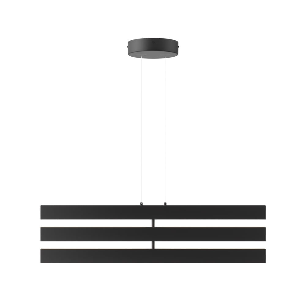 Czarna lampa wisząca Origami LED o trzech poziomych paskach, zawieszona na cienkich linkach. Okrągła podsufitka w kolorze czarnym, minimalistyczny design, idealna do nowoczesnych wnętrz. Tło białe, co podkreśla elegancki wygląd lampy.