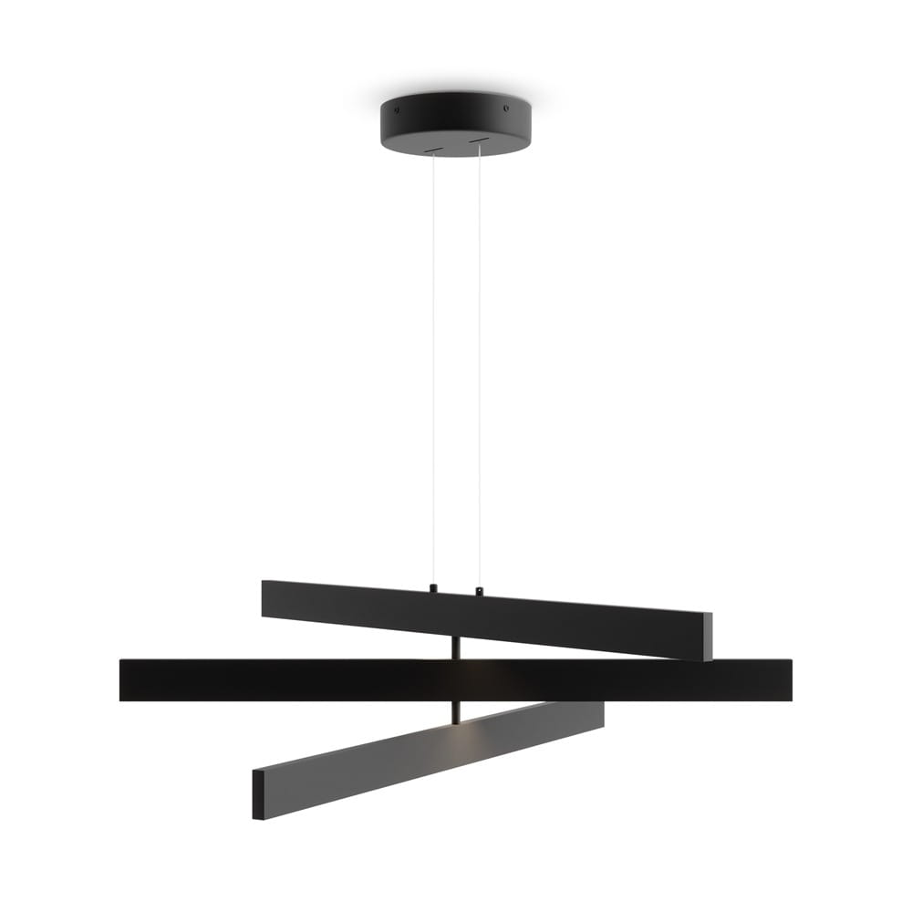Czarna lampa wisząca LED Origami, 3-punktowa, z eleganckimi, poziomymi elementami w geometrycznym układzie. Wisi na cienkich linkach, z okrągłym mocowaniem sufitowym. Oświetlenie nowoczesne, idealne do minimalistycznych wnętrz.