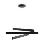 Czarna lampa wisząca LED Origami, 3-punktowa, z eleganckimi, poziomymi elementami w geometrycznym układzie. Wisi na cienkich linkach, z okrągłym mocowaniem sufitowym. Oświetlenie nowoczesne, idealne do minimalistycznych wnętrz.
