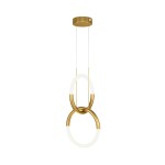 Złota lampa wisząca Node LED z dwoma punktami świetlnymi. Posiada dwa stylowe pierścienie: jeden metaliczny, drugi z białego tworzywa, zawieszone na cienkich linkach. Montowana do sufitu, w minimalistycznym designie. Tło białe.