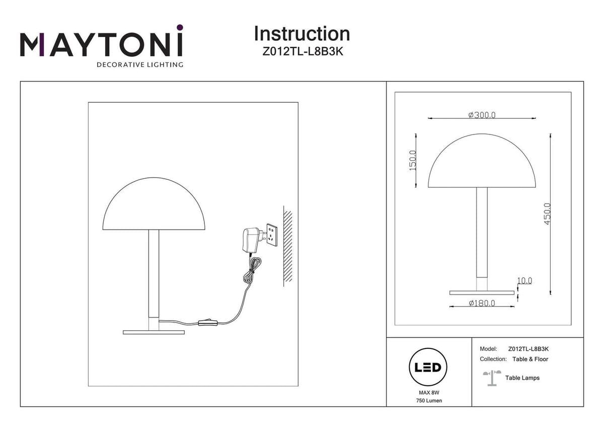 Czarna lampa stołowa LED Ray, 1-punktowa, z okrągłym kloszem o średnicy 30 cm i podstawą o wymiarach 18 cm. Ujęcie frontalne, widoczny kabel zasilający podłączony do gniazdka. Wysokość lampy wynosi 45 cm, a szerokość 30 cm.