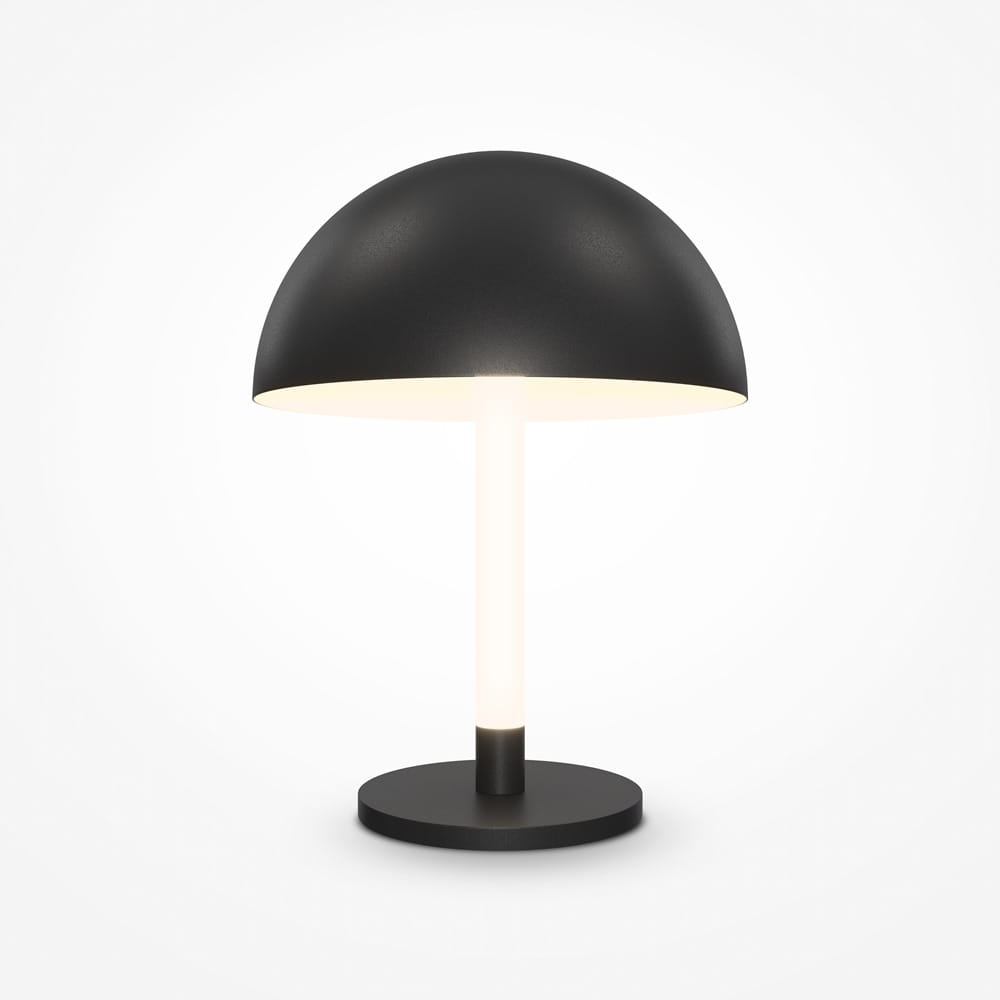 Czarna lampa stołowa LED Ray z jednym punktem świetlnym, z okrągłym kloszem w kształcie półkuli i prostą, białą nogą. Ustawiona na okrągłej podstawie, prezentuje minimalistyczny design na jasnym tle.