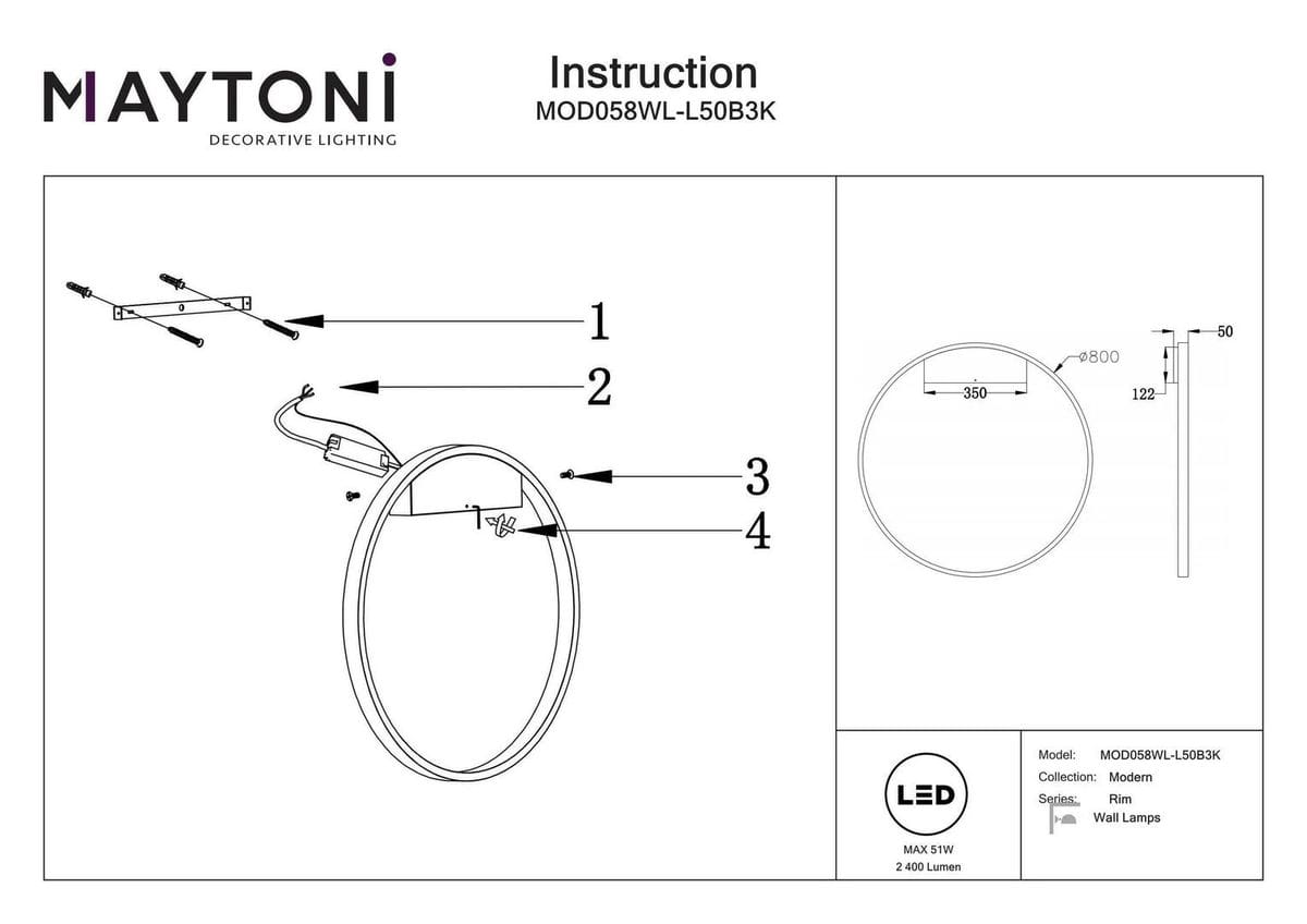 Czarny kinkiet LED Rim D80 z jedną oprawą, okrągły kształt o średnicy 80 cm, grubość 5 cm. Widoczny detal mocowania oraz przewód. Idealny do nowoczesnych wnętrz, montowany na ścianie.