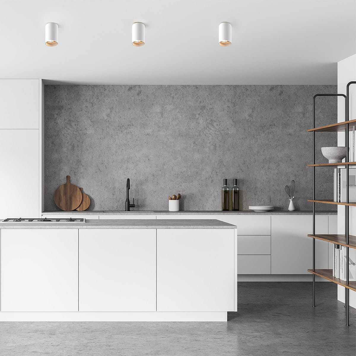 Biała lampa sufitowa 1-punktowa w formie tuby, zamontowana na suficie w nowoczesnej kuchni. Wnętrze z szarym tłem i minimalistycznymi meblami. Lampa emituje ciepłe światło, podkreślając jasne elementy aranżacji.