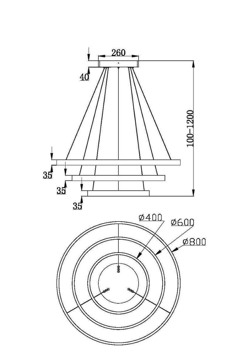 Czarna lampa wisząca Rim 3000K z trzema punktami świetlnymi. Wymiary: średnica 800 mm, wysokość regulowana od 100 do 2000 mm. Prosta, nowoczesna konstrukcja z metalowymi elementami, idealna do oświetlenia wnętrz.
