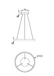 Lampa wisząca Rim D40 3000K w kolorze mosiądzu, z jednopunktowym zawieszeniem. Posiada okrągłą podstawę o średnicy 400 mm oraz wąską, stożkowatą konstrukcję. Wymiary: wysokość 180 mm, szerokość 40 mm, grubość podstawy 35 mm.