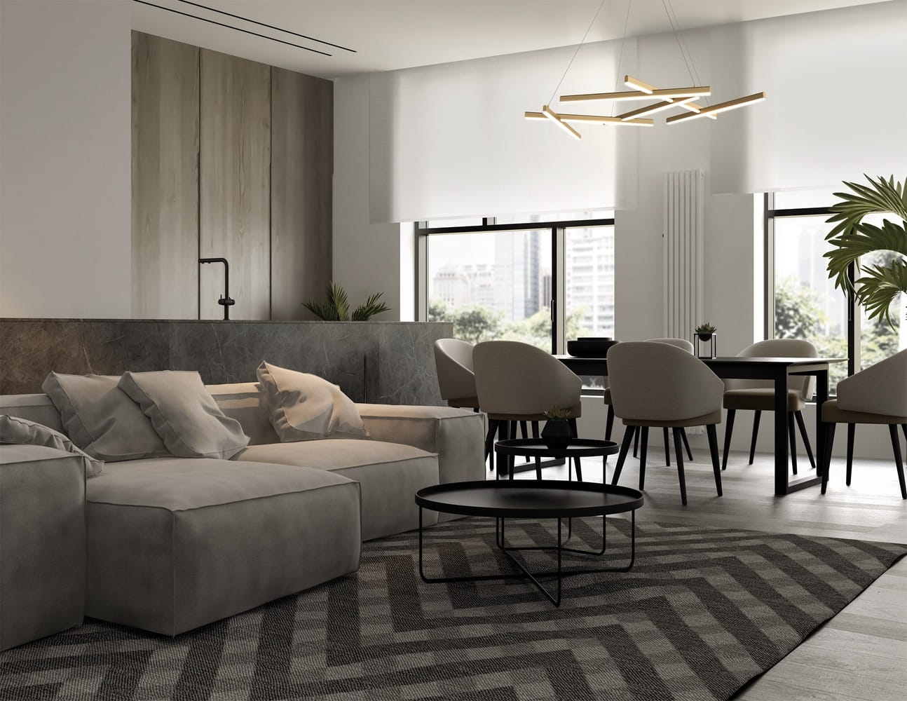 Złota lampa wisząca Line 3000K z prostokątnymi elementami, zawieszona w nowoczesnym wnętrzu. Widoczna w stylowym salonie z szarym kanapą, stolikiem kawowym i dużymi oknami, które wpuszczają naturalne światło.