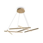 Złota lampa wisząca Line 3000K MOD016PL-L75MG3K, składająca się z kilku prostokątnych elementów LED zawieszonych na cienkich linkach. Produkt ma nowoczesny, minimalistyczny design i jest zamontowany na okrągłej, metalowej podstawie.