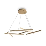 Złota lampa wisząca Line 4000K z pięcioma prostokątnymi elementami, zawieszona na cienkich linkach. Kąt ujęcia z góry, prezentujący nowoczesny design i minimalistyczny styl. Tło białe, podkreślające elegancję lampy.