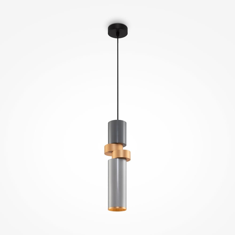 Lampa wisząca Palette 1-punktowa w kolorze czarnym i multikolorowym, składająca się z cylindrycznych elementów w odcieniach szarości i złota. Zawieszona na cienkim przewodzie, z okrągłym mocowaniem sufitowym w czerni, w minimalistycznym stylu.