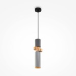 Lampa wisząca Palette 1-punktowa w kolorze czarnym i multikolorowym, składająca się z cylindrycznych elementów w odcieniach szarości i złota. Zawieszona na cienkim przewodzie, z okrągłym mocowaniem sufitowym w czerni, w minimalistycznym stylu.
