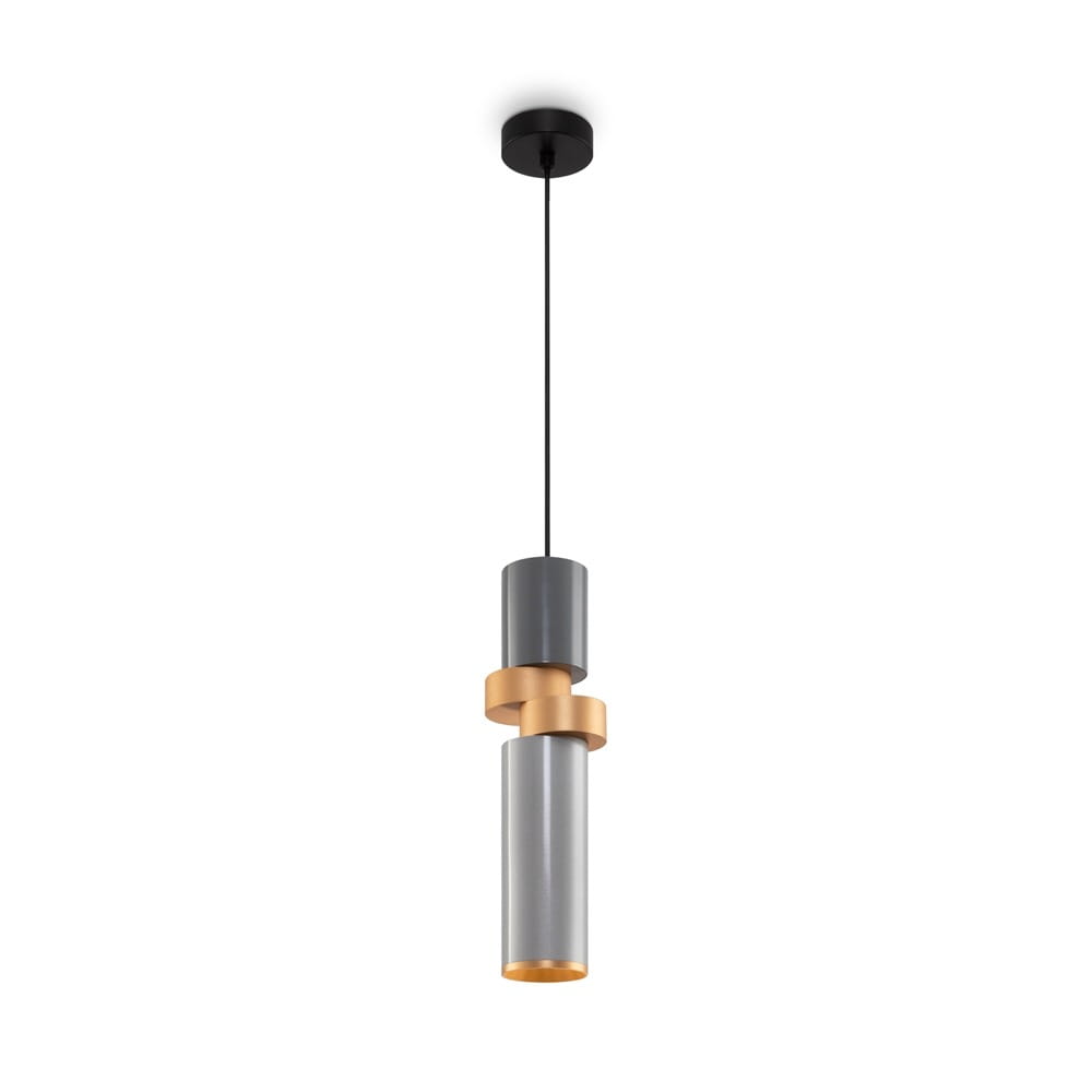 Lampa wisząca Palette 1-punktowa w kolorze czarnym i multikolorowym. Składa się z cylindrycznych elementów: szarego i złotego, zawieszona na cienkim czarnym przewodzie. Prosty, nowoczesny design, idealna do wnętrz.