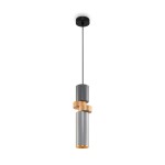 Lampa wisząca Palette 1-punktowa w kolorze czarnym i multikolorowym. Składa się z cylindrycznych elementów: szarego i złotego, zawieszona na cienkim czarnym przewodzie. Prosty, nowoczesny design, idealna do wnętrz.