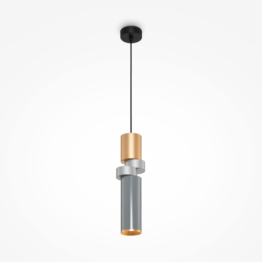 Lampa wisząca 1-punktowa Palette w kolorze czarnym i multikolorowym, składająca się z cylindrycznych elementów w odcieniach złotym, srebrnym i szarym, zawieszona na czarnym przewodzie, na białym tle.