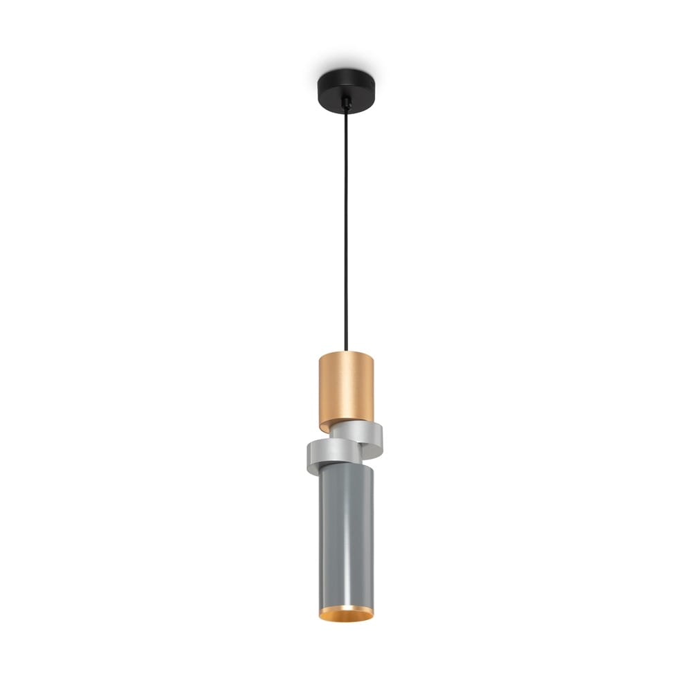 Czarna lampa wisząca Palette z jedną oprawą, składająca się z cylindrycznych elementów w kolorach złotym, srebrnym i szarym. Produkt zawieszony na cienkim, czarnym przewodzie, z okrągłym mocowaniem sufitowym.