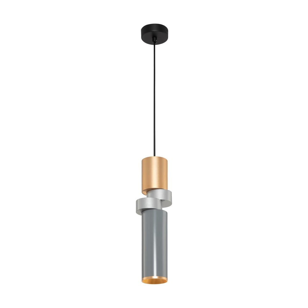 Lampa wisząca Palette 1-punktowa w kolorze czarnym i multikolorowym, z metalowymi elementami w odcieniach złota, srebra i szarości. Okrągły sufitowy uchwyt, wisząca konstrukcja z cylindrycznymi detalami, umiejscowiona na tle białego.