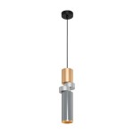 Lampa wisząca Palette 1-punktowa w kolorze czarnym i multikolorowym, z metalowymi elementami w odcieniach złota, srebra i szarości. Okrągły sufitowy uchwyt, wisząca konstrukcja z cylindrycznymi detalami, umiejscowiona na tle białego.