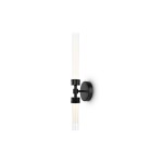 Czarny kinkiet LED Stelo MOD116WL-L7B3K z dwóch punktów świetlnych, montowany na ścianie. Wyposażony w przezroczyste tuby, elegancko łączące metalowe elementy. Ujęcie z boku na białym tle, ukazujące minimalistyczny design i nowoczesny charakter lampy.