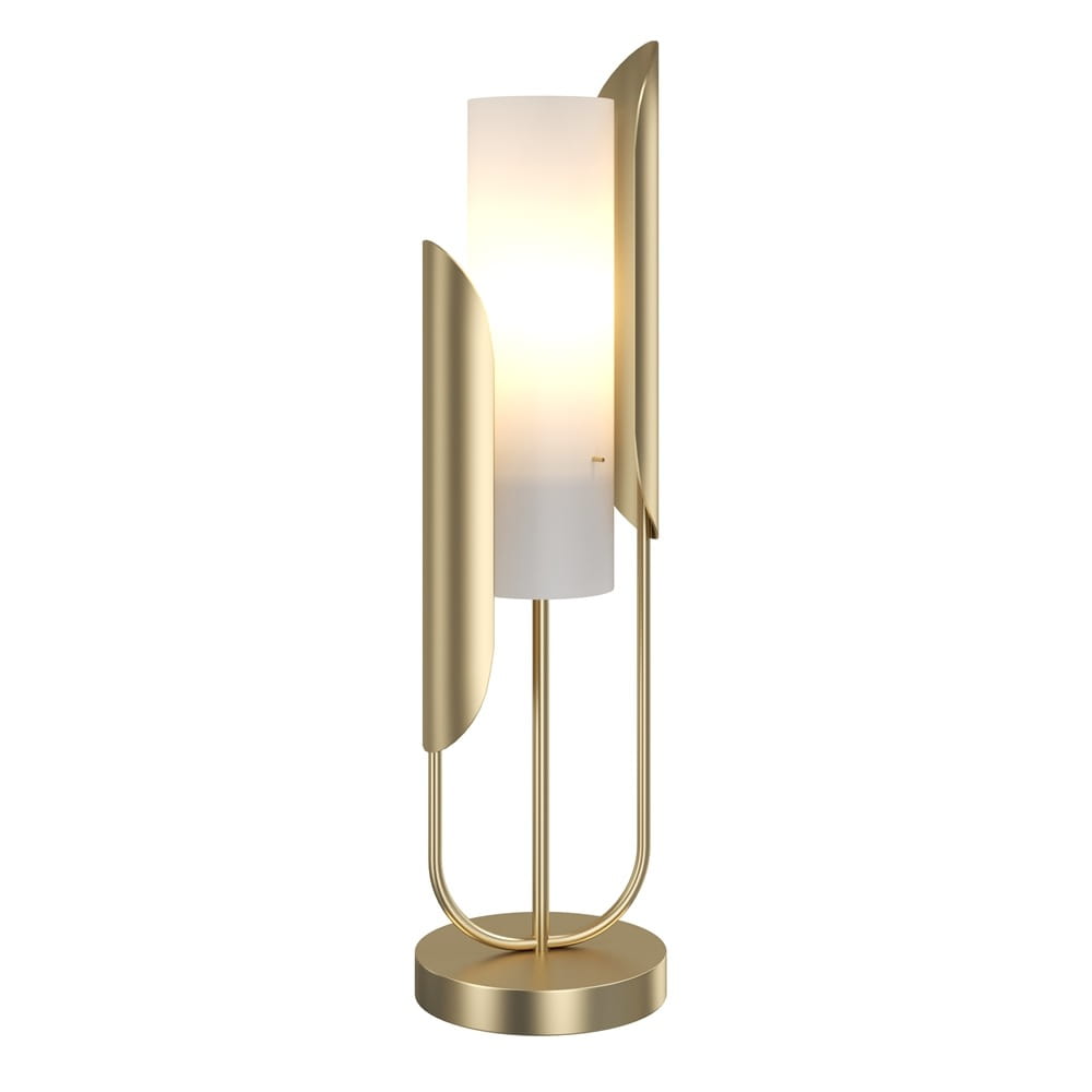 Złota lampa stołowa Cipresso z jedną oprawą, z okrągłą podstawą i stylowymi, zaokrąglonymi elementami. W centralnej części umieszczona matowa, biała klosz, emitujący ciepłe światło. Ujęcie frontalne, lampa stoi na płaskiej powierzchni.