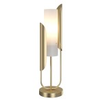 Złota lampa stołowa Cipresso z jedną oprawą, z okrągłą podstawą i stylowymi, zaokrąglonymi elementami. W centralnej części umieszczona matowa, biała klosz, emitujący ciepłe światło. Ujęcie frontalne, lampa stoi na płaskiej powierzchni.
