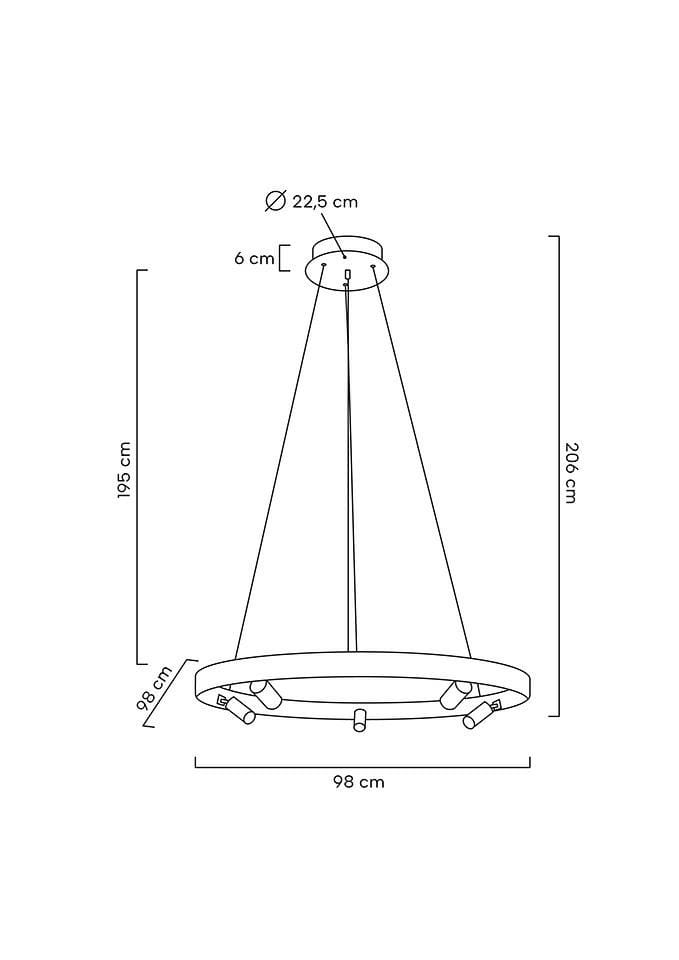 Lampa wisząca Circle 98 LED w kolorze złotym, średnica 98 cm. Posiada 6 punktów świetlnych GU10, zawieszona na cienkich linkach. Wysokość regulowana do 206 cm. Prosty, nowoczesny design, idealna do aranżacji wnętrz.