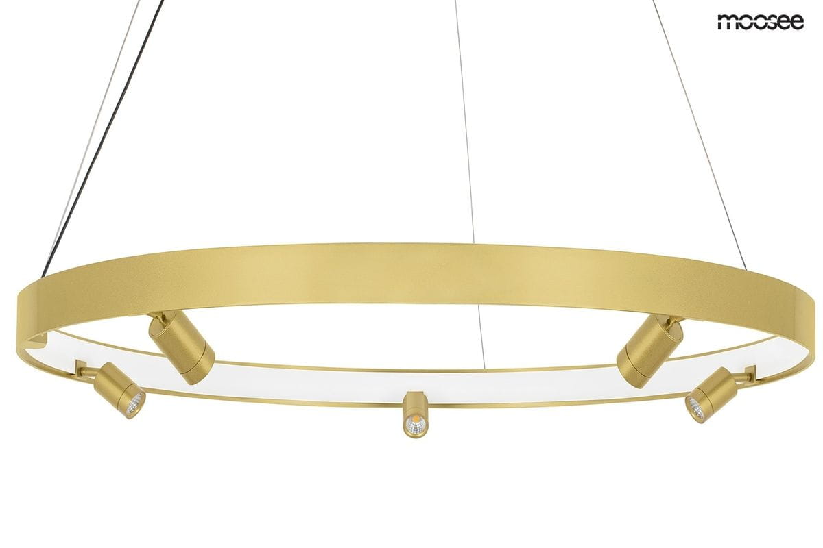 Lampa wisząca Circle 98 LED w złotym kolorze z sześcioma punktami świetlnymi. Okrągła konstrukcja z metalowym wykończeniem, zawieszona na cienkich linkach, z regulowanymi reflektorami GU10, idealna do nowoczesnych wnętrz.