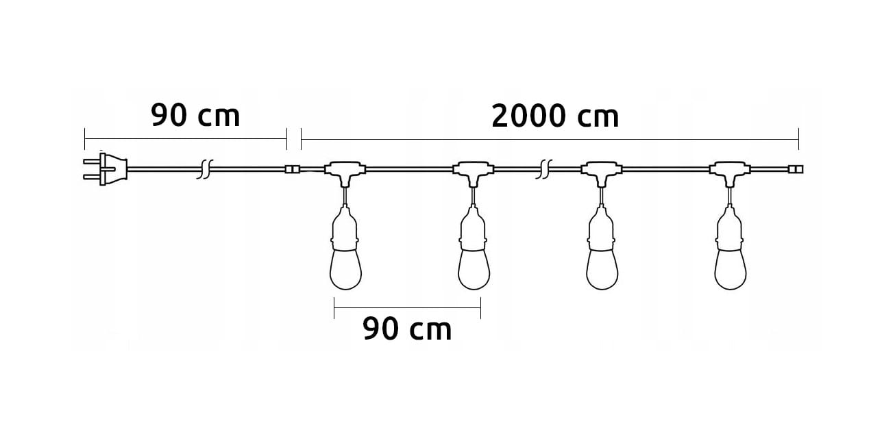 Girlanda ogrodowa o długości 20 m, czarna, z 20 żarówkami LED E27 1W. Widok frontalny z oznaczeniem długości: 90 cm między żarówkami i 200 cm całkowitej długości. Produkt zamontowany na stałe z widocznymi gniazdami.