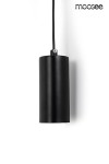 Czarny kinkiet Como LED E27, z cylindrycznym abażurem, zawieszony na przewodzie. Prosty design, metaliczna faktura. Widoczna oprawka do żarówki E27. Produkt leżący na białym tle, bez dodatkowych dekoracji.