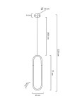 Złota lampa wisząca Puzo L LED, 1-punktowa, o wymiarach 21 cm długości, 3 cm szerokości. Prosty kształt w formie owalu, zawieszona na regulowanym przewodzie o długości 200 cm. Elementy montażowe widoczne u góry.
