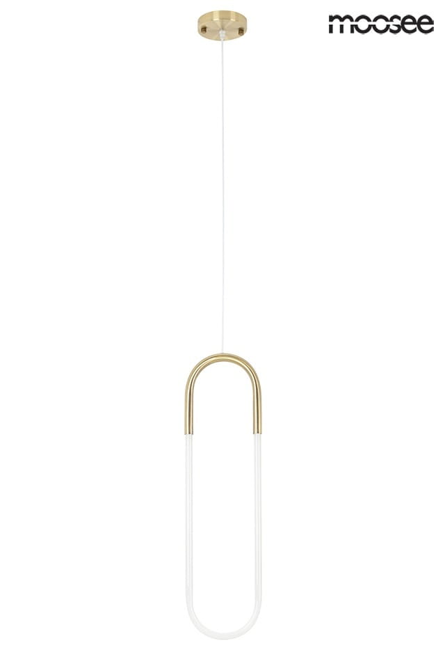 Złota lampa wisząca Puzo L LED z przezroczystym kloszem w kształcie owalnym, zawieszona na białym przewodzie. Prosty, nowoczesny design, idealna do minimalistycznych wnętrz. Ujęcie frontalne, na jednolitym tle.
