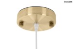 Złota lampa wisząca Puzo S LED z metalowym, okrągłym mocowaniem. Widoczne dwa pokrętła do regulacji, przezroczysty kabel. Kąt widzenia z dołu, ukazujący detale mocowania. Prosty, elegancki design.
