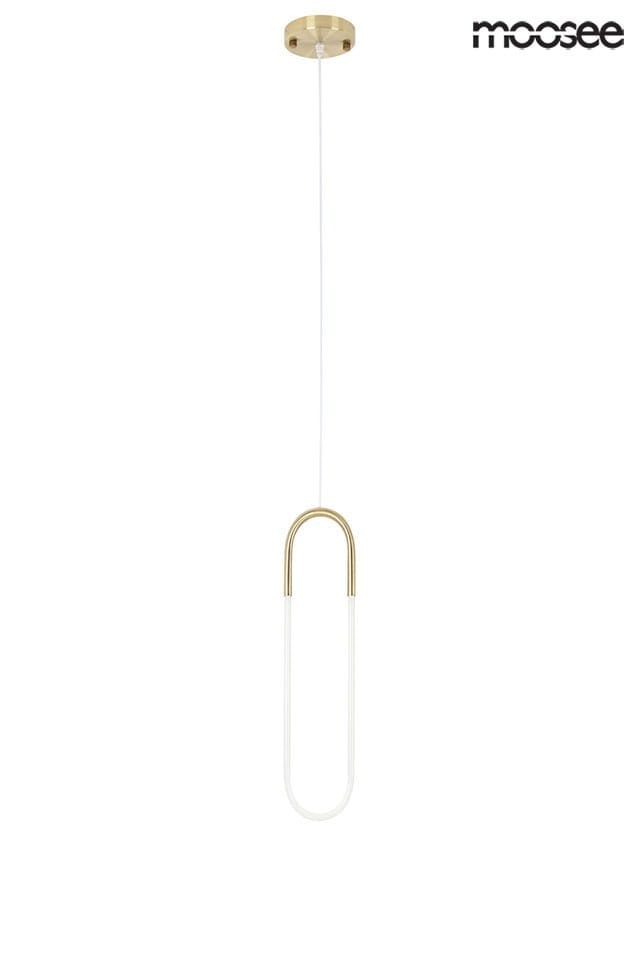 Lampa wisząca Puzo S LED w złotym kolorze, z prostą, eliptyczną formą i białym kloszem. Zawieszona na cienkim, przezroczystym przewodzie, montowana do sufitu. Idealna do nowoczesnych wnętrz.