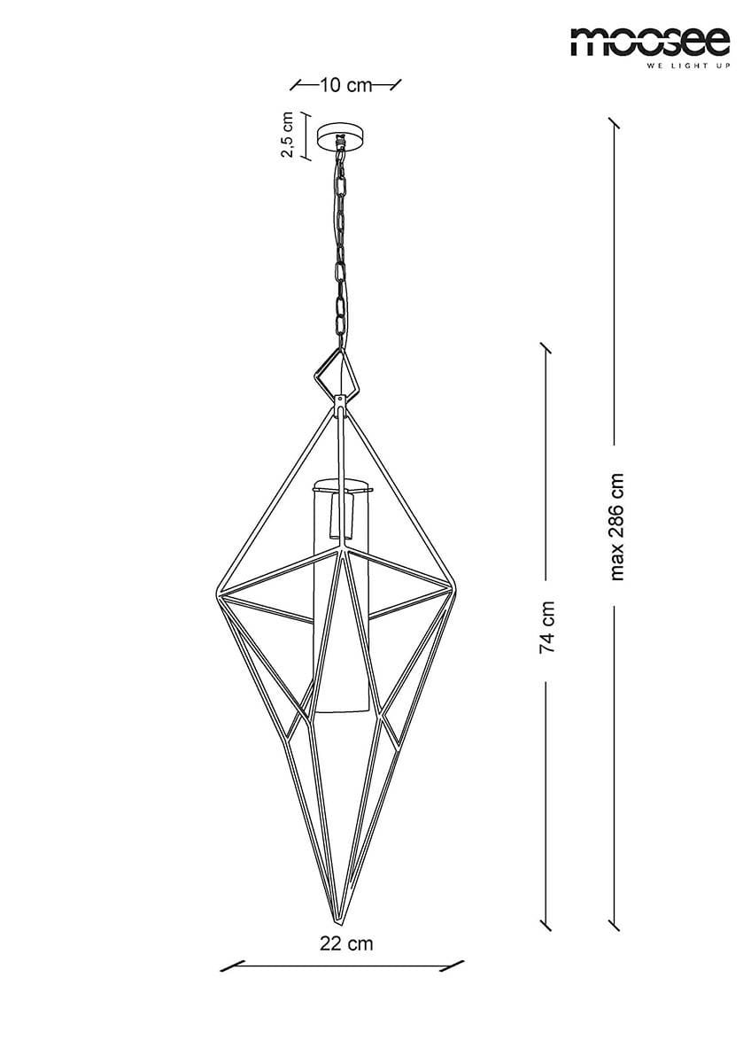 Lampa wisząca Havana L, złota, o geometrycznym kształcie w formie diamentu. Wymiary: wysokość 74 cm, szerokość 22 cm, średnica mocowania 10 cm. Wyposażona w szklany klosz, zawieszona na łańcuszku, z możliwością regulacji wysokości do 286 cm.