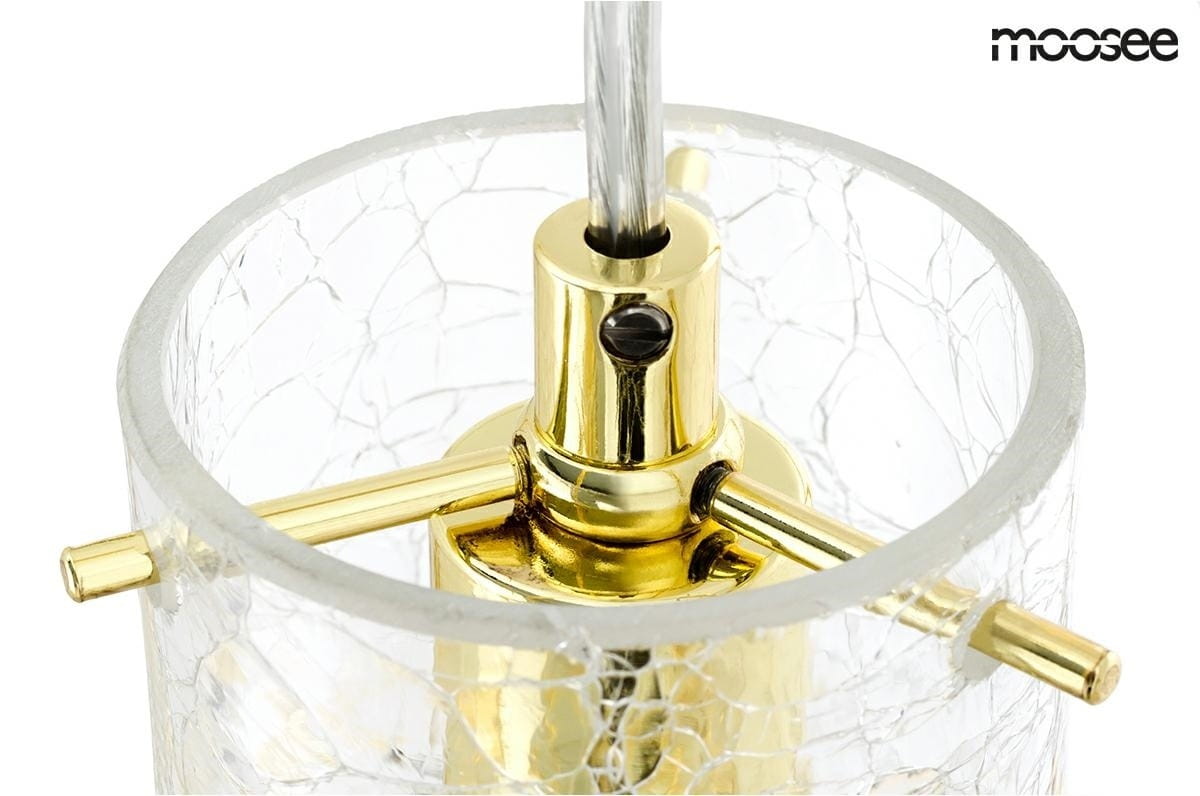 Złota lampa wisząca Havana L z jedną oprawą, z przezroczystym kloszem o crackle''owej fakturze. Ujęcie z góry, ukazujące mocowanie i detale wykończenia. Wymiary i dodatkowe elementy nie są widoczne.