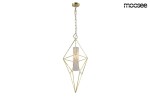 Lampa wisząca Havana L w złotym kolorze, o geometrycznym kształcie, zawieszona na łańcuchu. Środkowy element z przezroczystego materiału, emitujący światło. Widok frontalny, na jednolitym tle.