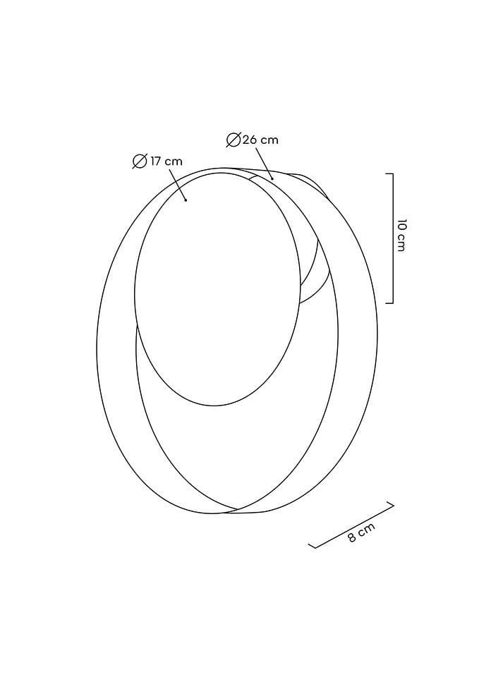 Kinkiet Band 1-punktowy w kolorze złotym i czarnym, o wymiarach 10 cm wysokości, średnicach 17 cm i 26 cm. Owalny kształt z minimalistycznym designem, zawieszony w pozycji pionowej. Czyste linie bez dodatkowych zdobień.