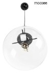 Lampa wisząca Sandra 30, czarna, 1-punktowa, z przezroczystym kloszem w kształcie kuli. Widoczne czarne mocowanie z dekoracyjną, perforowaną osłoną. Kąt ujęcia z góry, lampa zawieszona na cienkim przewodzie.