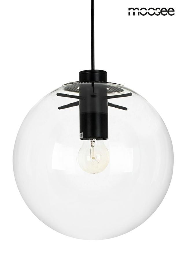 Lampa wisząca Sandra 30, czarna, 1-punktowa. Szklana kula w przezroczystym kolorze z czarnym mocowaniem i żarówką widoczną w środku. Zawieszona na cienkim kablu, w prostym, nowoczesnym stylu. Idealna do aranżacji wnętrz.
