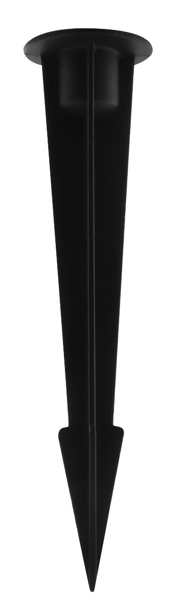 Czarna podstawka do lampy ogrodowej LED RGB, wykonana z tworzywa, w kształcie stożka, przeznaczona do mocowania w ziemi. Umożliwia stabilne umiejscowienie lampy.